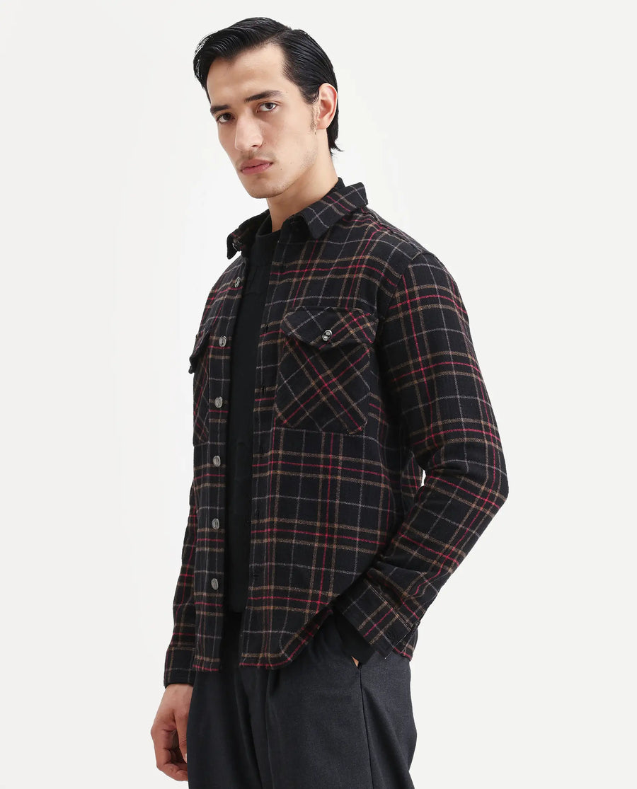 Rare Rabbit Men's Roche Black Cotton Checked Print Relaxed Fit Full Sleeve Collared Shacket