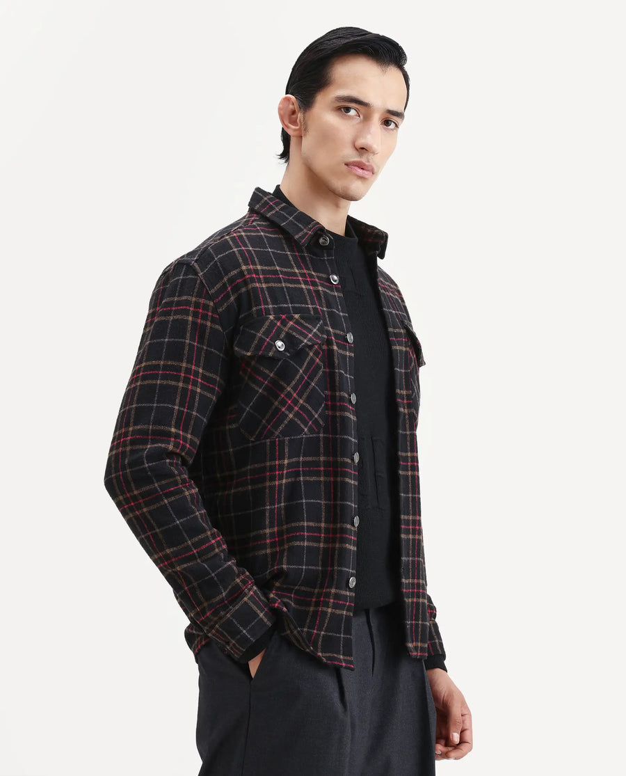 Rare Rabbit Men's Roche Black Cotton Checked Print Relaxed Fit Full Sleeve Collared Shacket