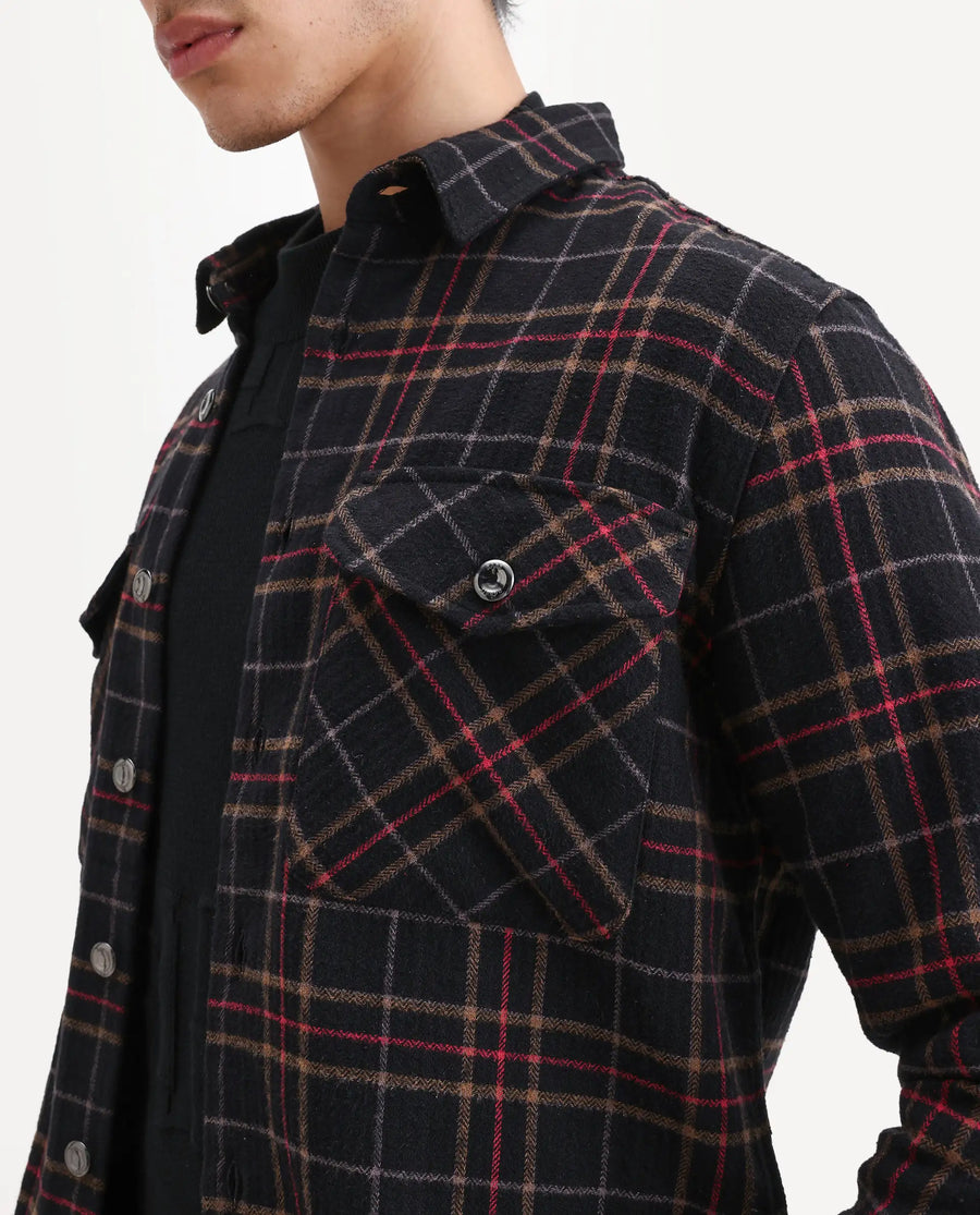 Rare Rabbit Men's Roche Black Cotton Checked Print Relaxed Fit Full Sleeve Collared Shacket