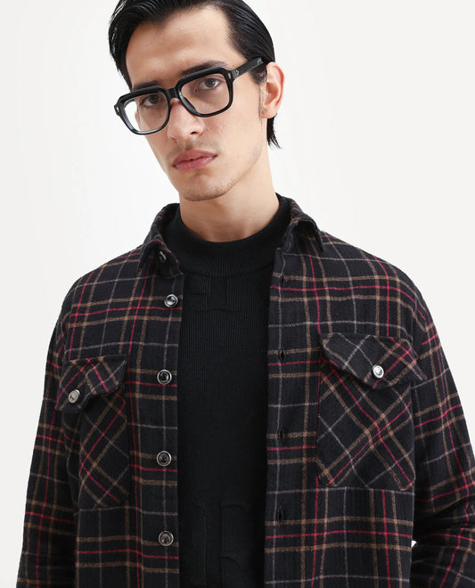Rare Rabbit Men's Roche Black Cotton Checked Print Relaxed Fit Full Sleeve Collared Shacket