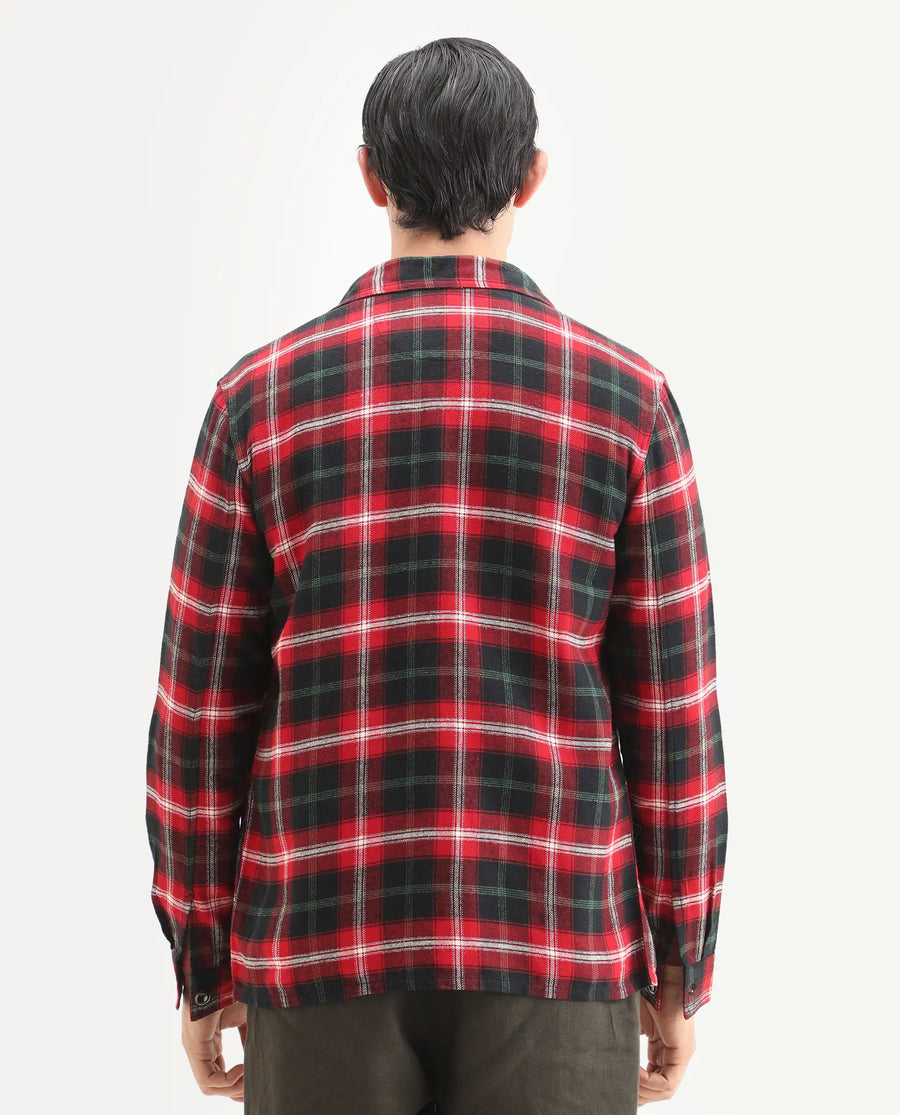 Rare Rabbit Men's Bardot Dark Red Cotton Checked Print Relaxed Fit Full Sleeve Collared Shacket