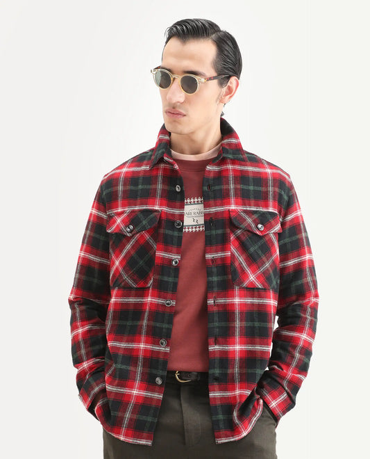 Rare Rabbit Men's Bardot Dark Red Cotton Checked Print Relaxed Fit Full Sleeve Collared Shacket