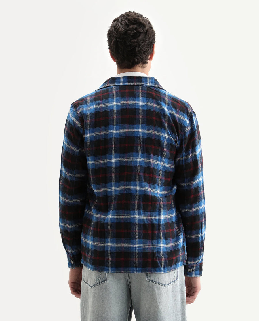 Rare Rabbit Men's Bardot Dark Blue Cotton Checked Print Relaxed Fit Full Sleeve Collared Shacket