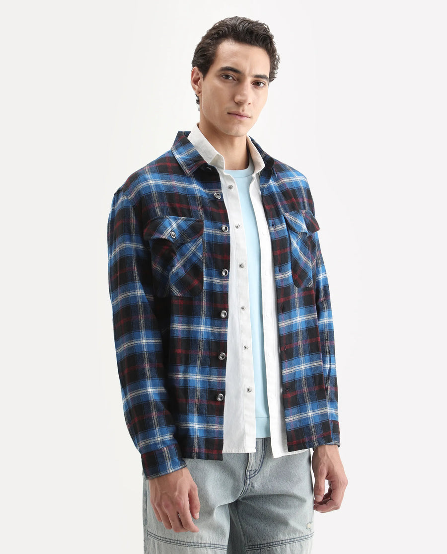 Rare Rabbit Men's Bardot Dark Blue Cotton Checked Print Relaxed Fit Full Sleeve Collared Shacket