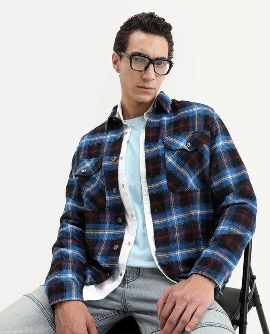 Rare Rabbit Men's Bardot Dark Blue Cotton Checked Print Relaxed Fit Full Sleeve Collared Shacket