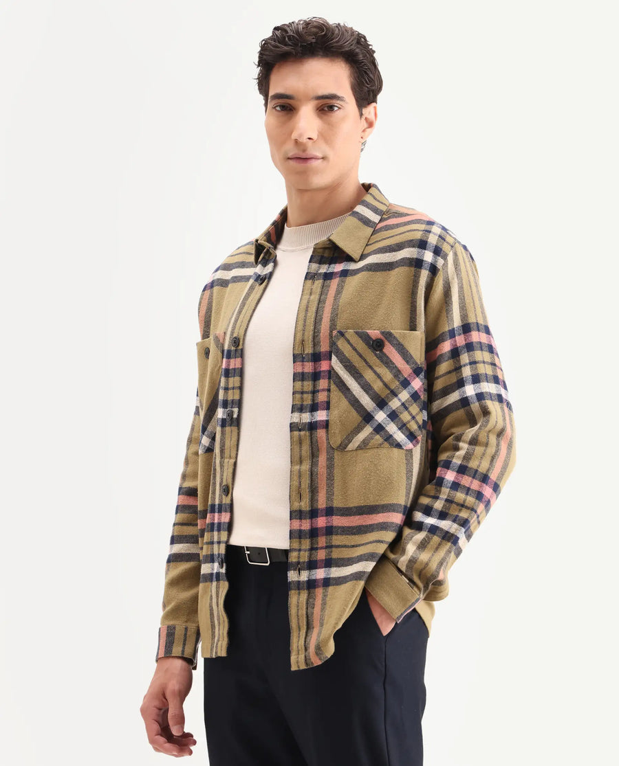 Rare Rabbit Men's Estro Light Green Cotton Checked Print Relaxed Fit Full Sleeve Collared Shacket