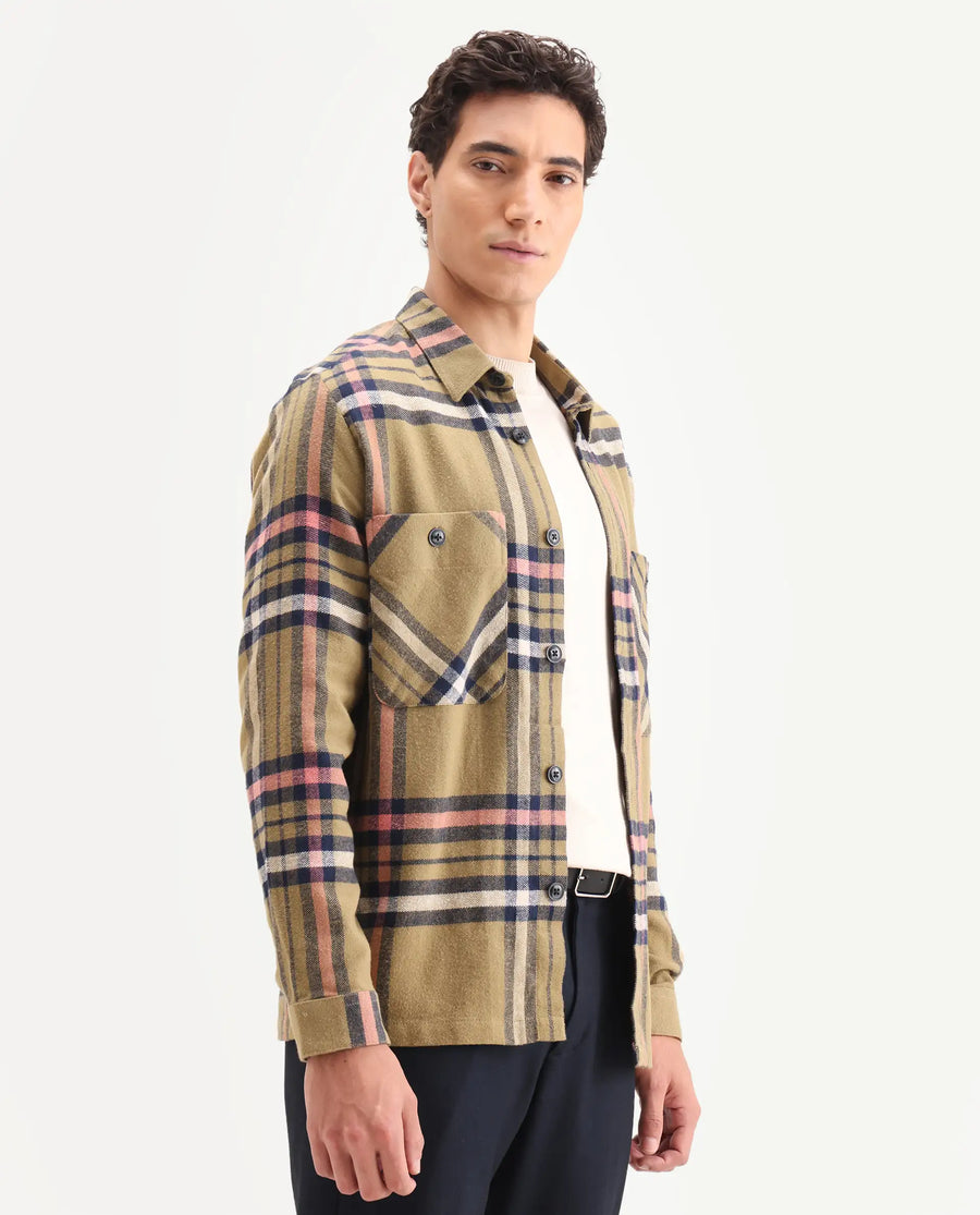 Rare Rabbit Men's Estro Light Green Cotton Checked Print Relaxed Fit Full Sleeve Collared Shacket