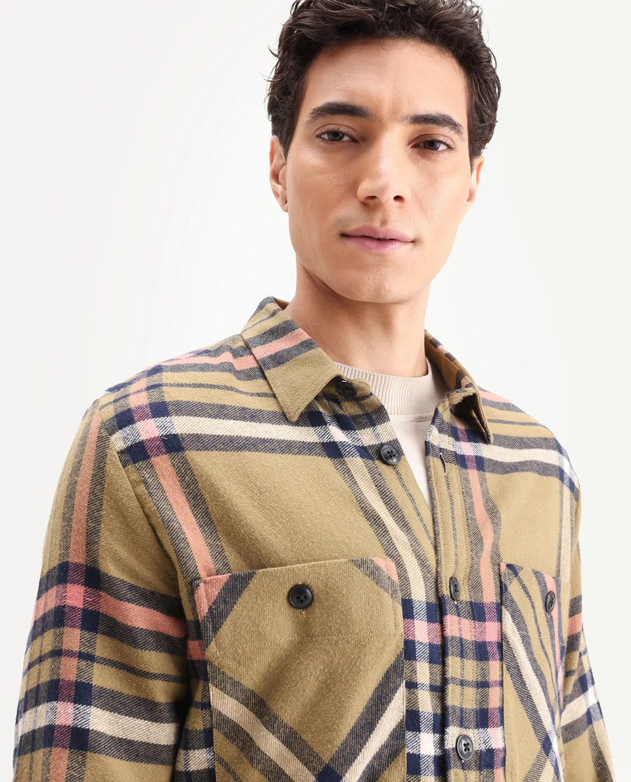 Rare Rabbit Men's Estro Light Green Cotton Checked Print Relaxed Fit Full Sleeve Collared Shacket