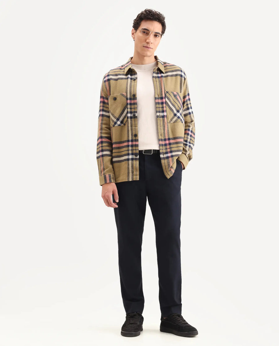 Rare Rabbit Men's Estro Light Green Cotton Checked Print Relaxed Fit Full Sleeve Collared Shacket