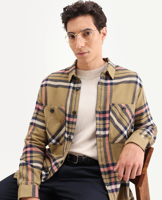 Rare Rabbit Men's Estro Light Green Cotton Checked Print Relaxed Fit Full Sleeve Collared Shacket