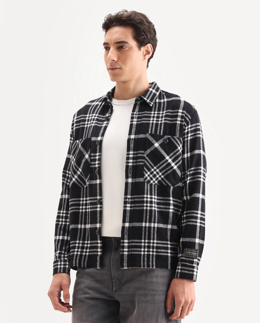 Rare Rabbit Men's Rousso Black Cotton Checked Print Relaxed Fit Full Sleeve Collared Shacket
