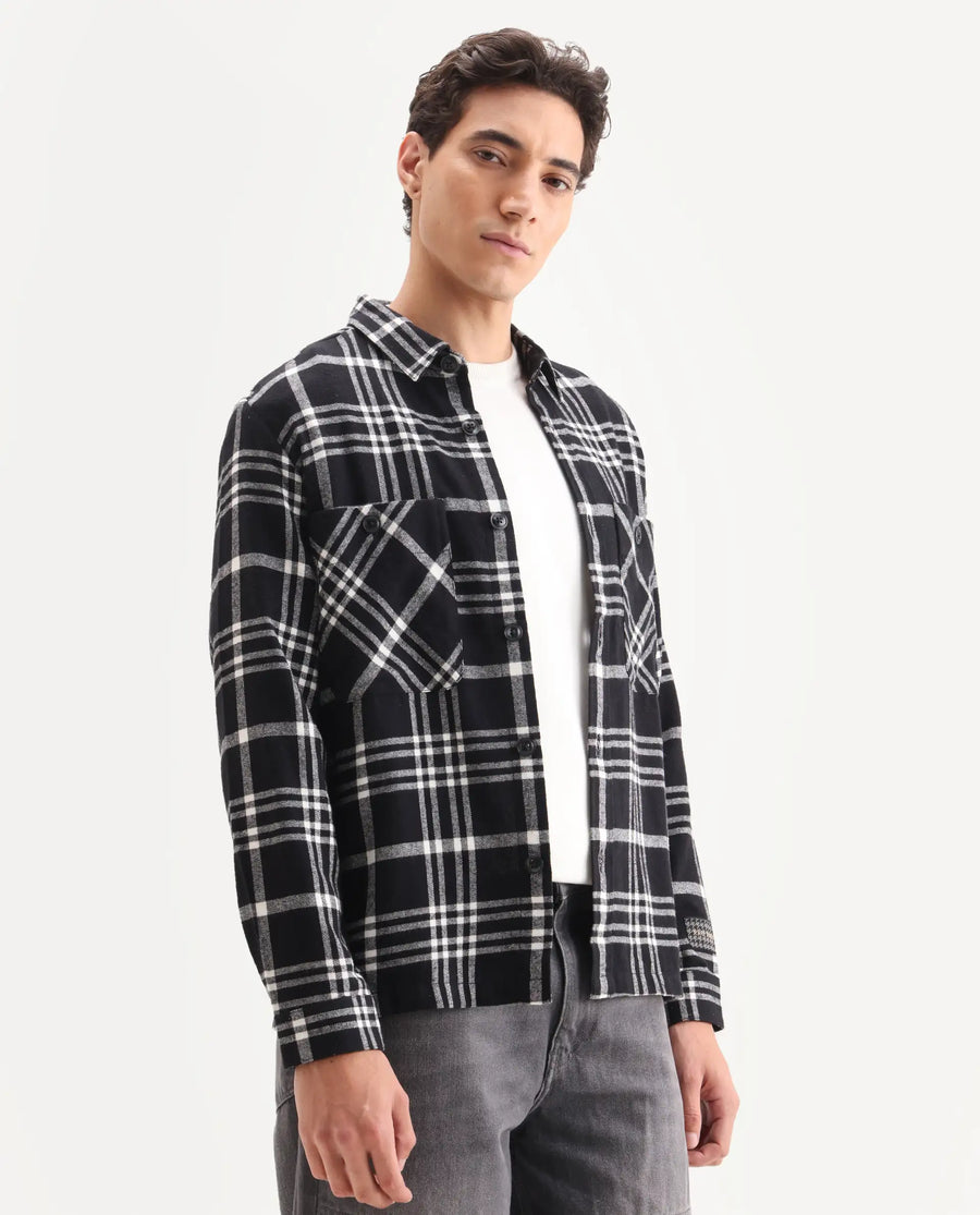 Rare Rabbit Men's Rousso Black Cotton Checked Print Relaxed Fit Full Sleeve Collared Shacket