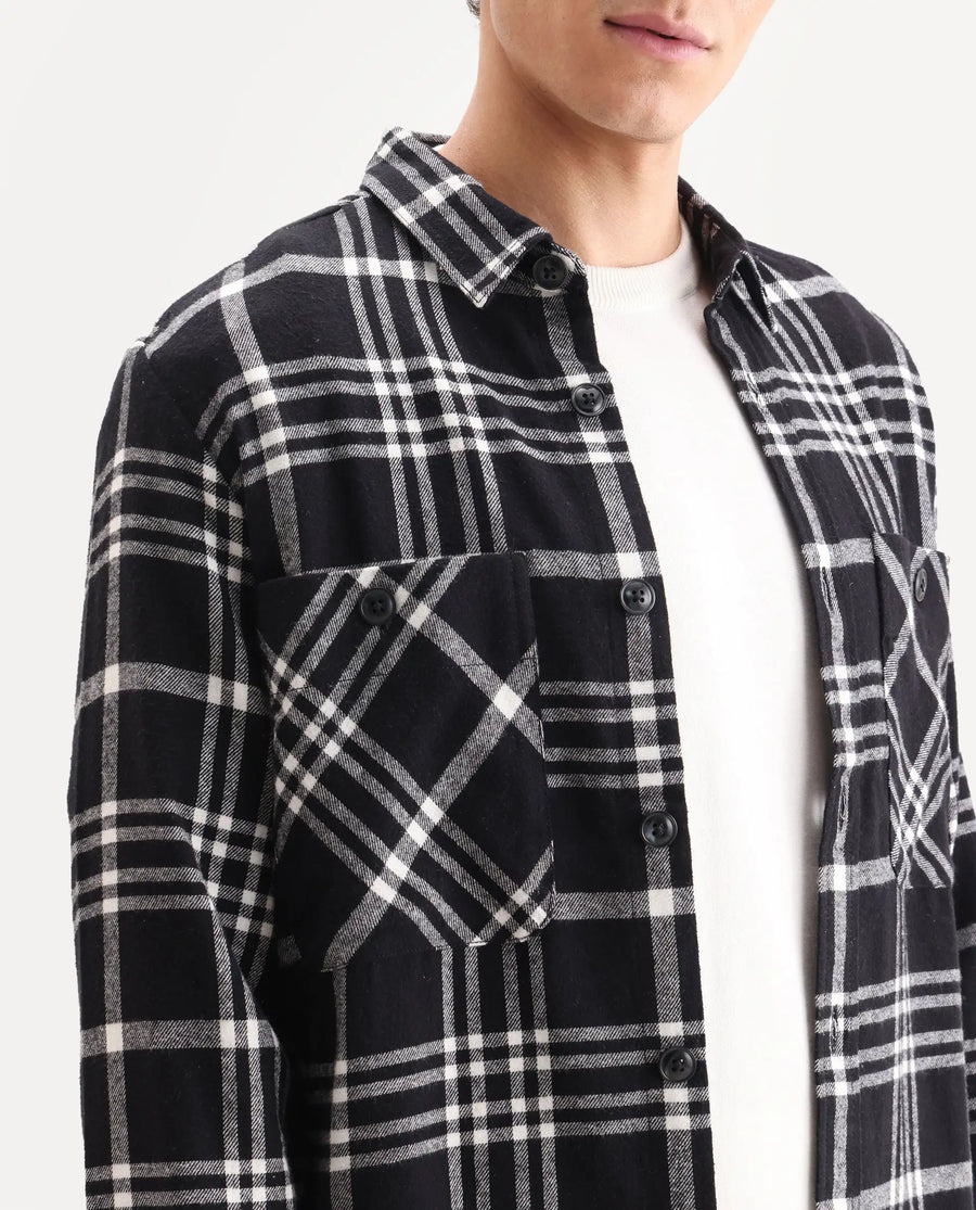 Rare Rabbit Men's Rousso Black Cotton Checked Print Relaxed Fit Full Sleeve Collared Shacket