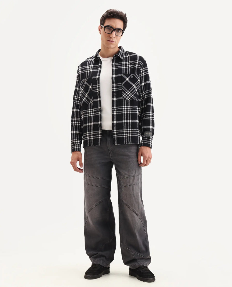 Rare Rabbit Men's Rousso Black Cotton Checked Print Relaxed Fit Full Sleeve Collared Shacket