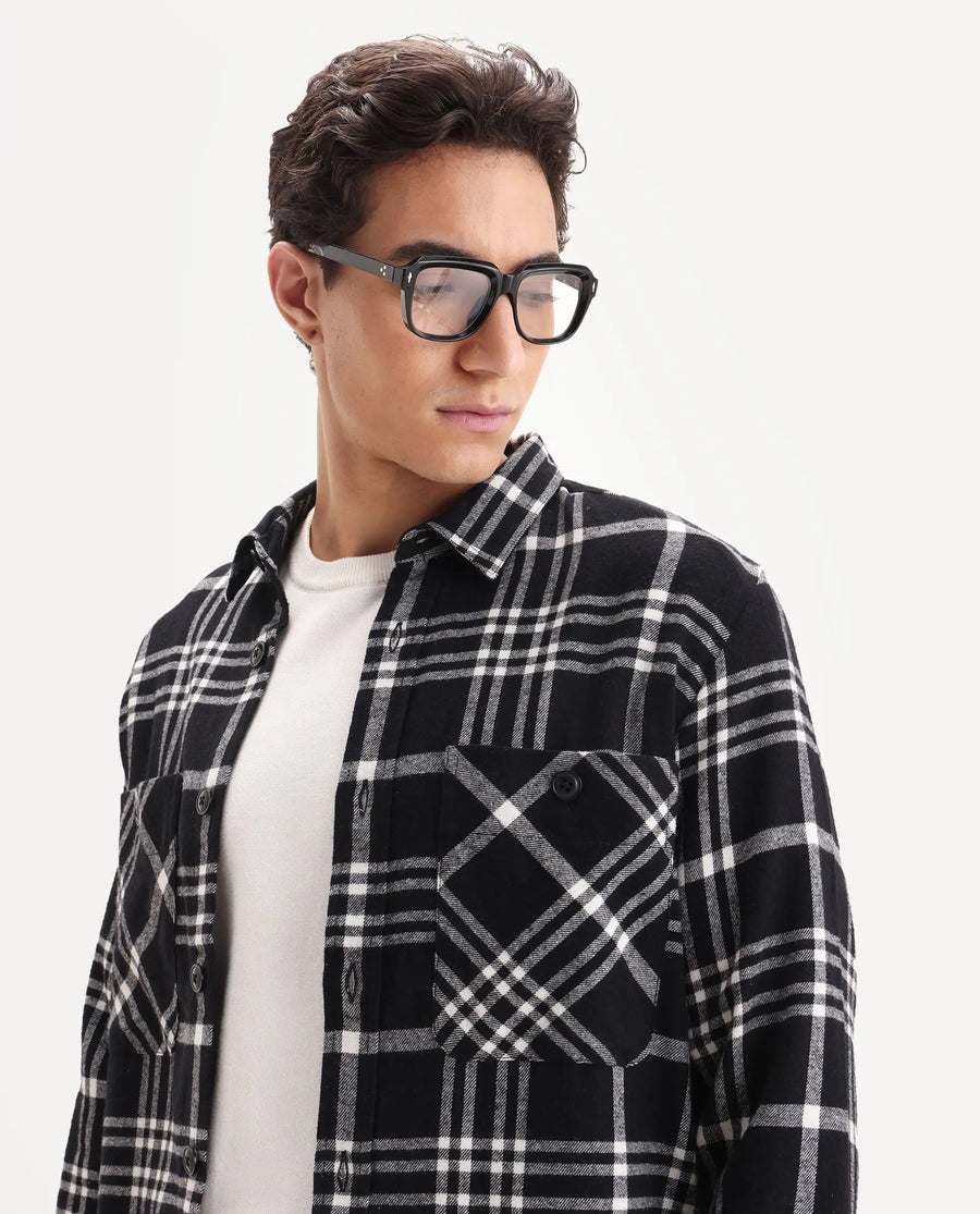 Rare Rabbit Men's Rousso Black Cotton Checked Print Relaxed Fit Full Sleeve Collared Shacket
