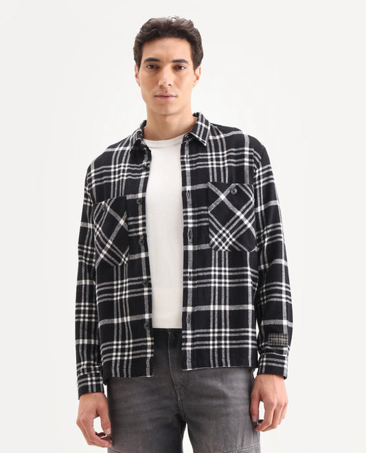Rare Rabbit Men's Rousso Black Cotton Checked Print Relaxed Fit Full Sleeve Collared Shacket