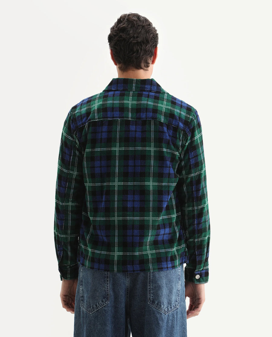 Rare Rabbit Men's Marino Blue Cotton Checked Print Relaxed Fit Full Sleeve Collared Shacket
