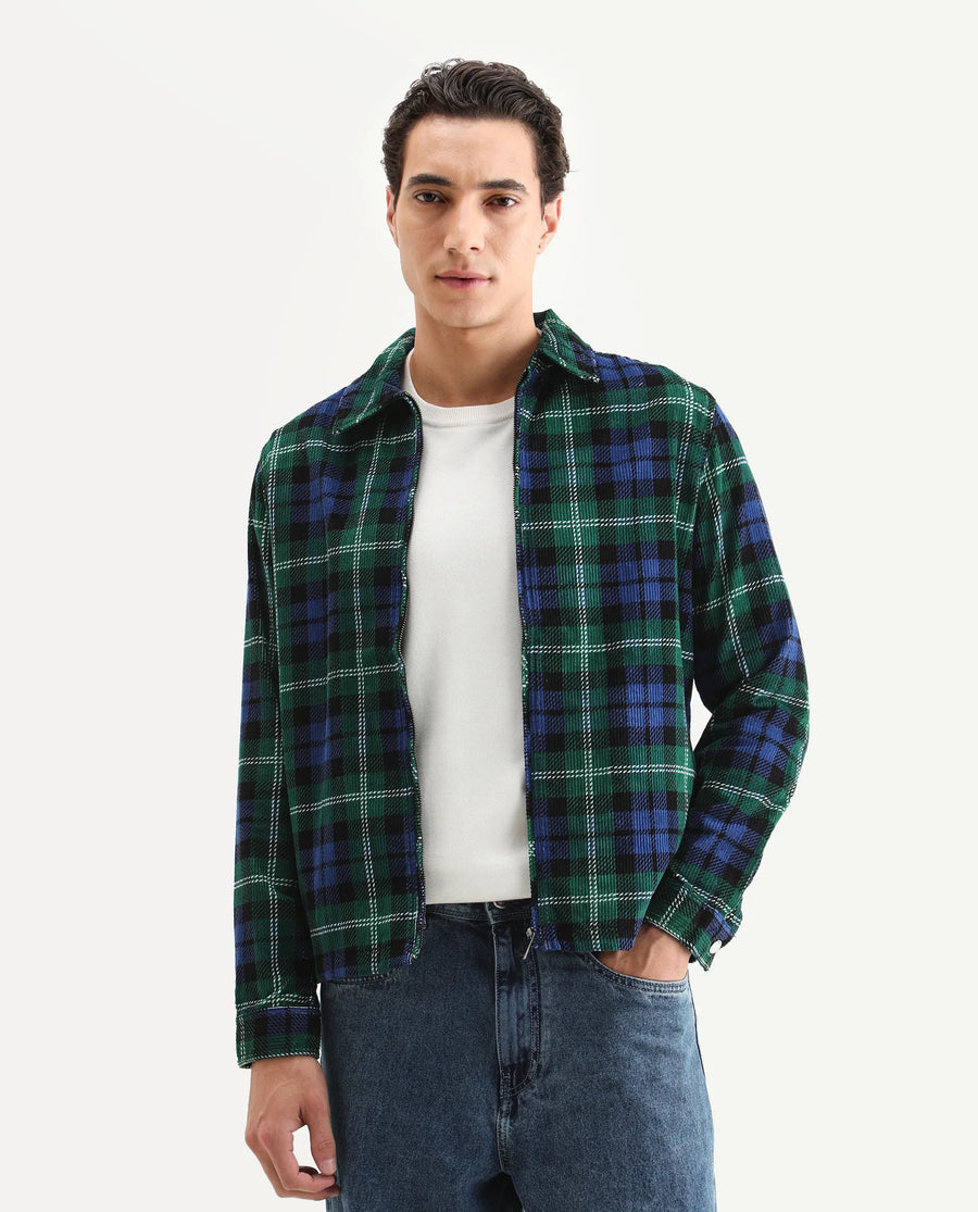 Rare Rabbit Men's Marino Blue Cotton Checked Print Relaxed Fit Full Sleeve Collared Shacket