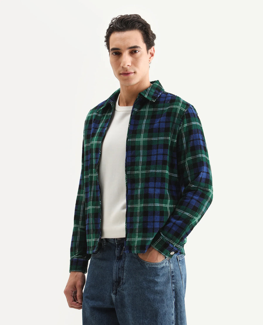 Rare Rabbit Men's Marino Blue Cotton Checked Print Relaxed Fit Full Sleeve Collared Shacket