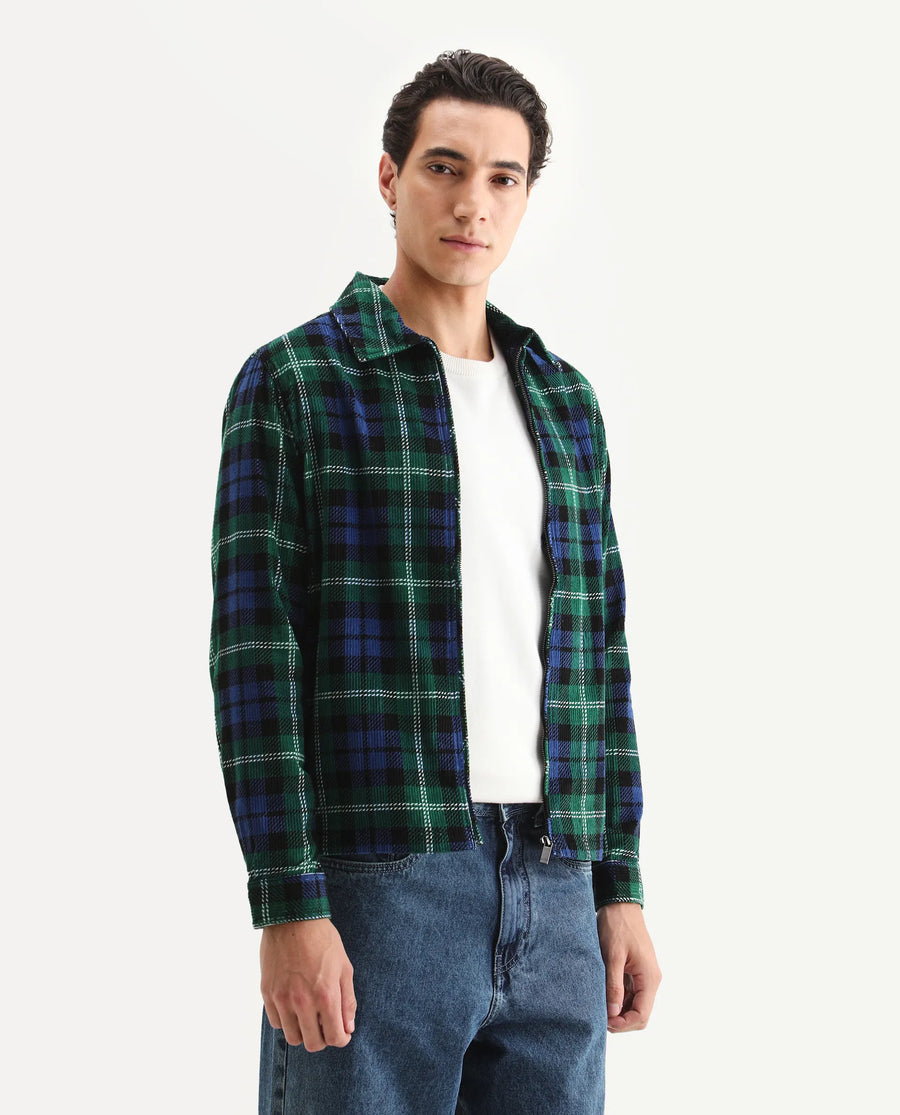 Rare Rabbit Men's Marino Blue Cotton Checked Print Relaxed Fit Full Sleeve Collared Shacket