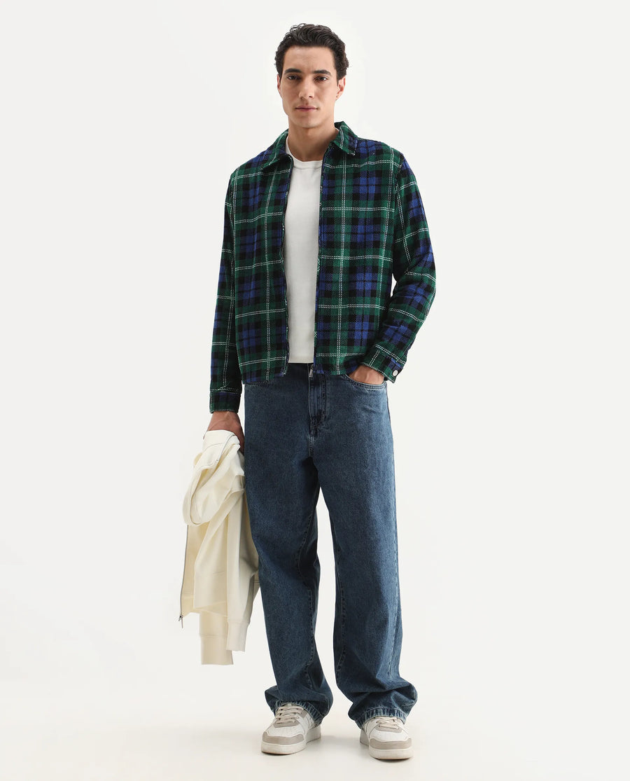 Rare Rabbit Men's Marino Blue Cotton Checked Print Relaxed Fit Full Sleeve Collared Shacket