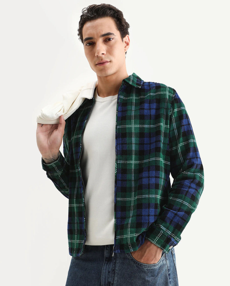 Rare Rabbit Men's Marino Blue Cotton Checked Print Relaxed Fit Full Sleeve Collared Shacket