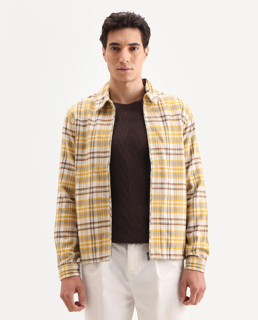 Rare Rabbit Men's Marino Yellow Cotton Checked Print Relaxed Fit Full Sleeve Collared Shacket