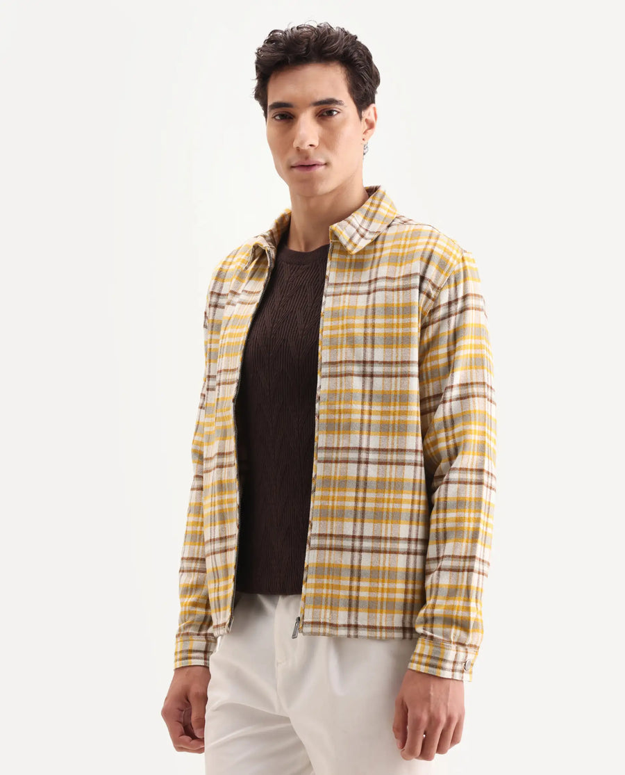 Rare Rabbit Men's Marino Yellow Cotton Checked Print Relaxed Fit Full Sleeve Collared Shacket