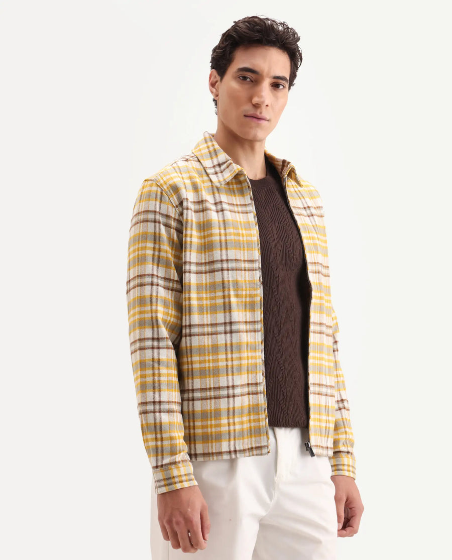 Rare Rabbit Men's Marino Yellow Cotton Checked Print Relaxed Fit Full Sleeve Collared Shacket
