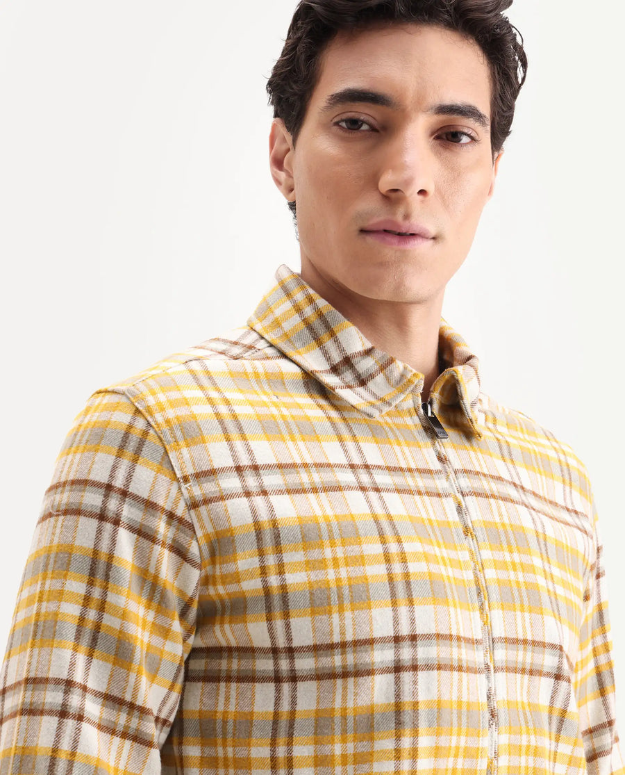 Rare Rabbit Men's Marino Yellow Cotton Checked Print Relaxed Fit Full Sleeve Collared Shacket