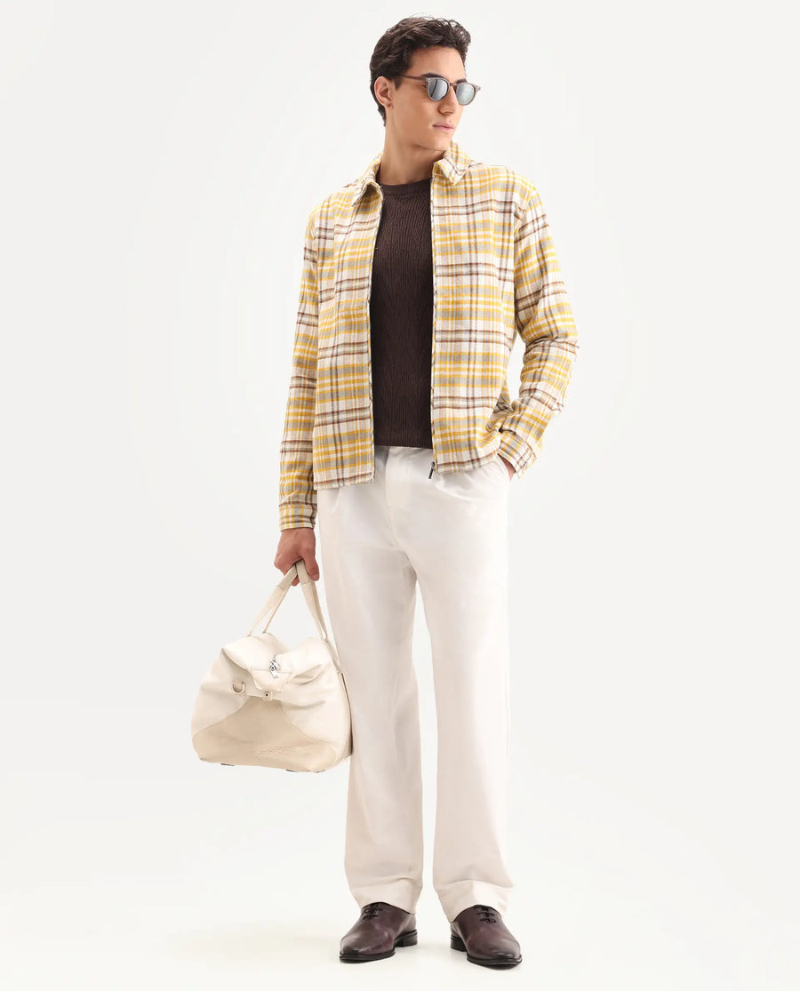 Rare Rabbit Men's Marino Yellow Cotton Checked Print Relaxed Fit Full Sleeve Collared Shacket