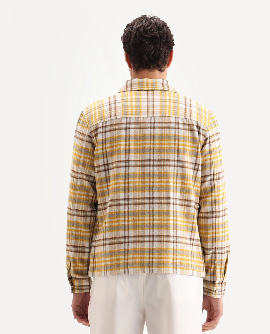 Rare Rabbit Men's Marino Yellow Cotton Checked Print Relaxed Fit Full Sleeve Collared Shacket