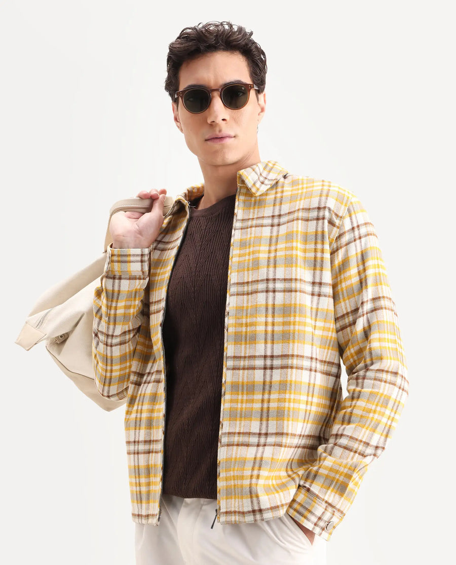 Rare Rabbit Men's Marino Yellow Cotton Checked Print Relaxed Fit Full Sleeve Collared Shacket