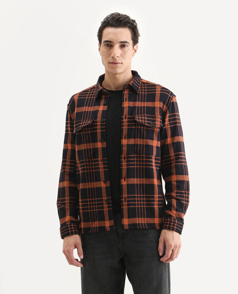 Rare Rabbit Men's Vega Black Cotton Checked Print Relaxed Fit Full Sleeve Collared Shacket