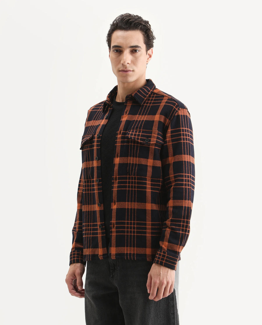 Rare Rabbit Men's Vega Black Cotton Checked Print Relaxed Fit Full Sleeve Collared Shacket