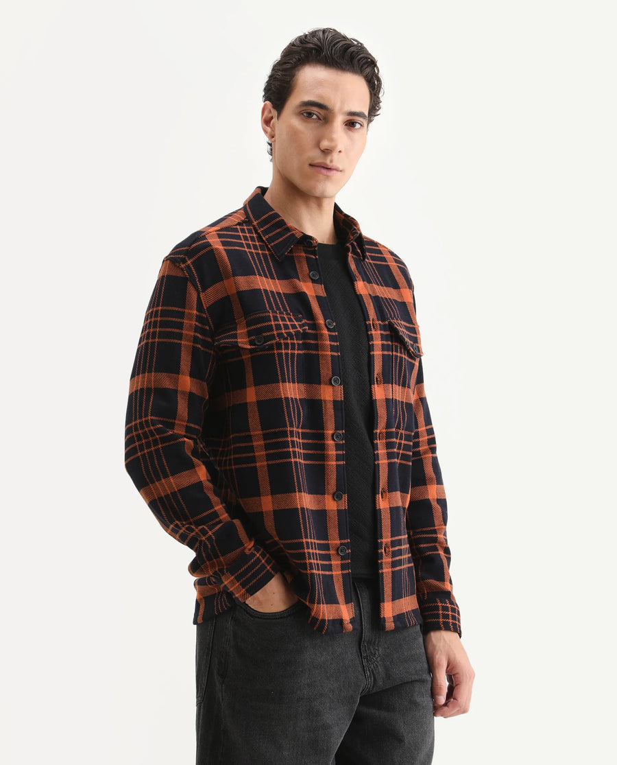 Rare Rabbit Men's Vega Black Cotton Checked Print Relaxed Fit Full Sleeve Collared Shacket