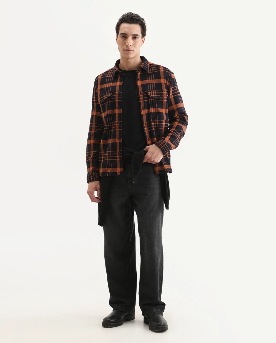 Rare Rabbit Men's Vega Black Cotton Checked Print Relaxed Fit Full Sleeve Collared Shacket