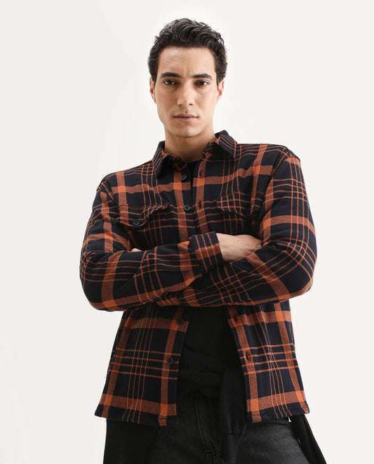 Rare Rabbit Men's Vega Black Cotton Checked Print Relaxed Fit Full Sleeve Collared Shacket