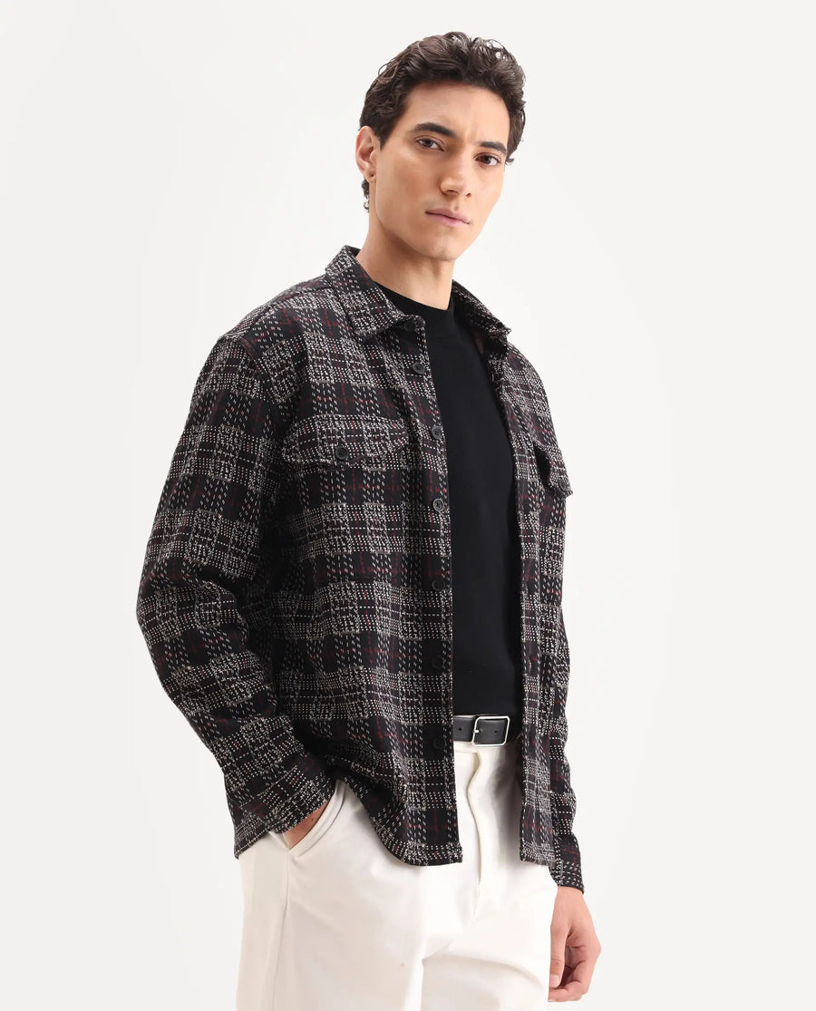 Rare Rabbit Men's Torija Black Cotton Checked Print Relaxed Fit Full Sleeve Collared Shacket