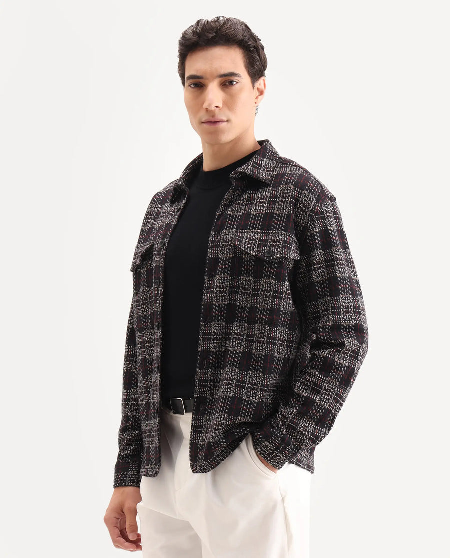 Rare Rabbit Men's Torija Black Cotton Checked Print Relaxed Fit Full Sleeve Collared Shacket