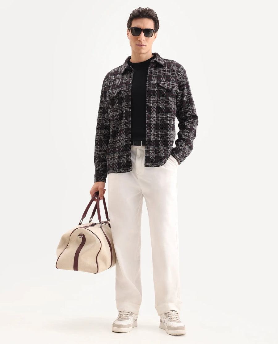 Rare Rabbit Men's Torija Black Cotton Checked Print Relaxed Fit Full Sleeve Collared Shacket