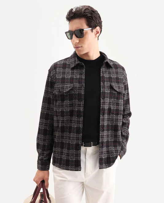 Rare Rabbit Men's Torija Black Cotton Checked Print Relaxed Fit Full Sleeve Collared Shacket