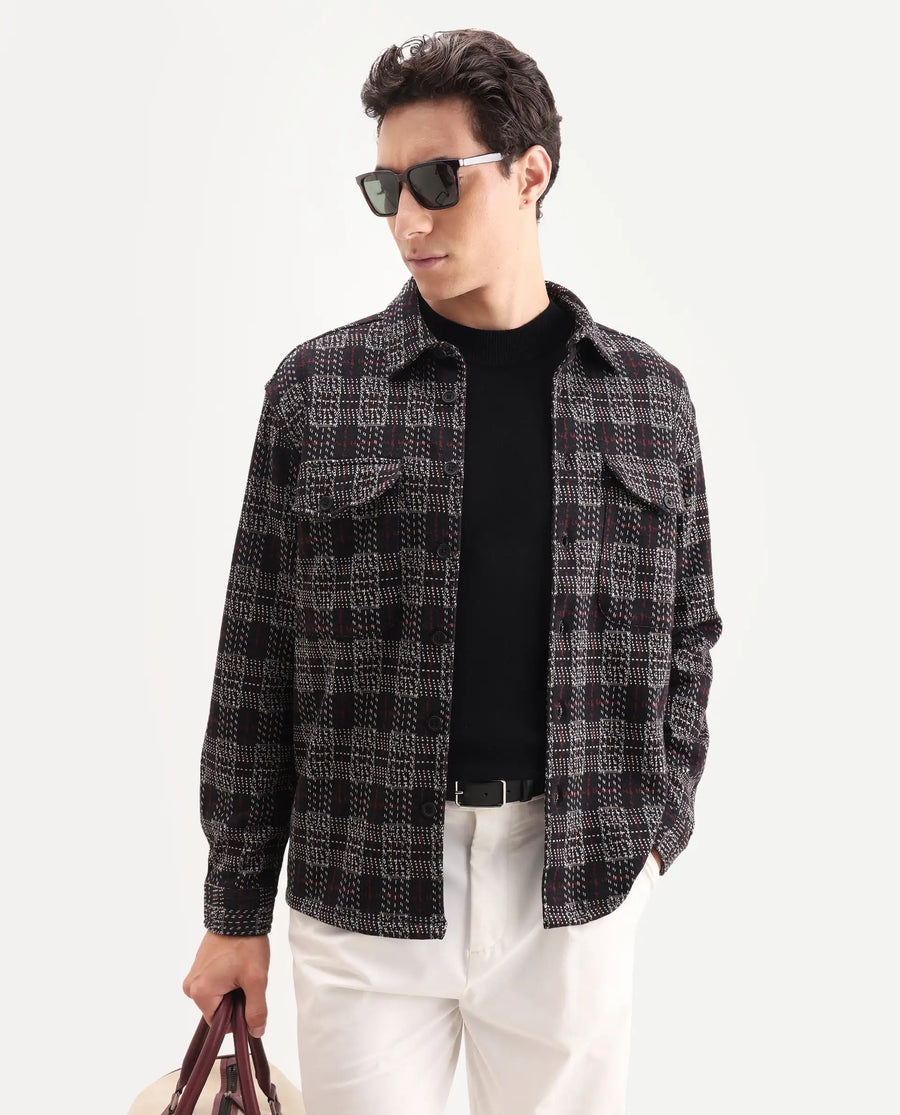Rare Rabbit Men's Torija Black Cotton Checked Print Relaxed Fit Full Sleeve Collared Shacket