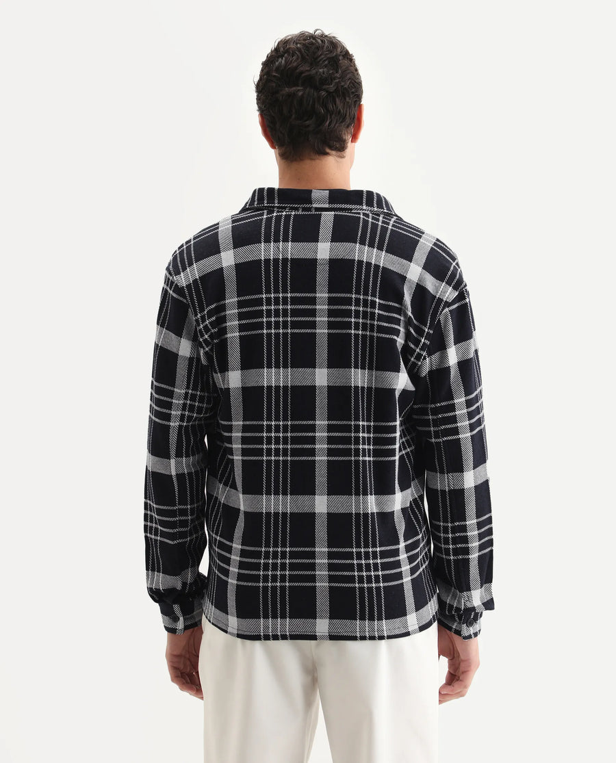Rare Rabbit Men's Trillo Dark Navy Cotton Checked Print Relaxed Fit Full Sleeve Collared Shacket