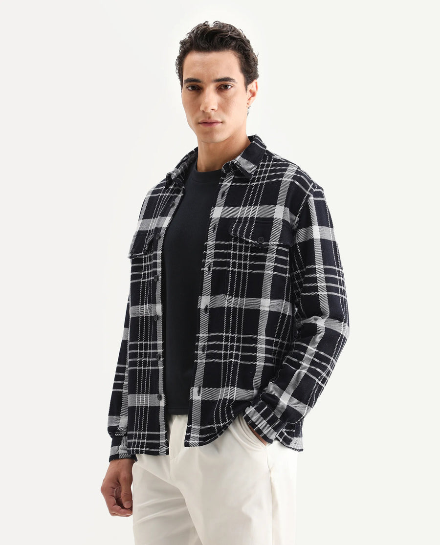 Rare Rabbit Men's Trillo Dark Navy Cotton Checked Print Relaxed Fit Full Sleeve Collared Shacket