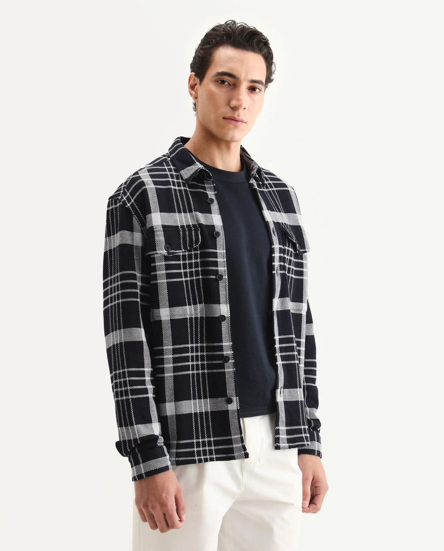 Rare Rabbit Men's Trillo Dark Navy Cotton Checked Print Relaxed Fit Full Sleeve Collared Shacket