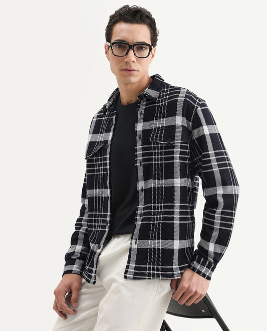 Rare Rabbit Men's Trillo Dark Navy Cotton Checked Print Relaxed Fit Full Sleeve Collared Shacket