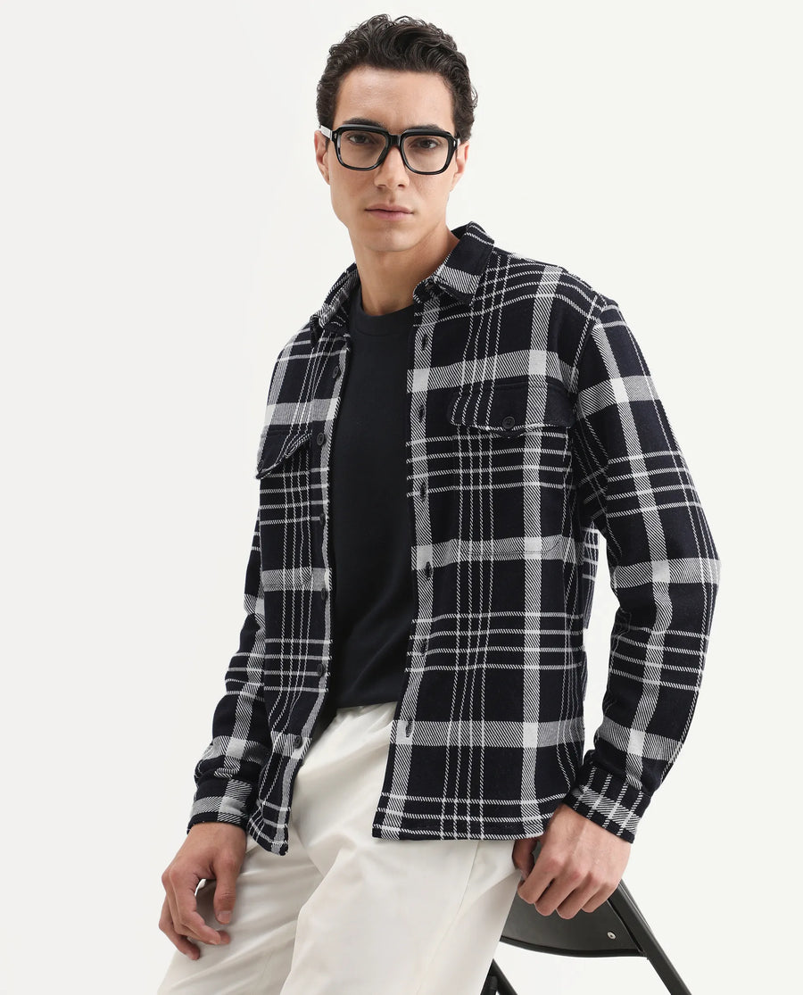 Rare Rabbit Men's Trillo Dark Navy Cotton Checked Print Relaxed Fit Full Sleeve Collared Shacket