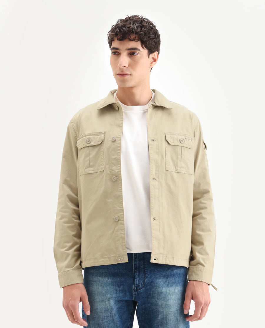 Rare Rabbit Men's Cedro Beige Cotton Plain Regular Fit Full Sleeve Spread Collar Jacket