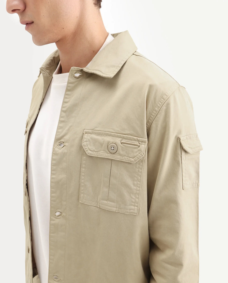 Rare Rabbit Men's Cedro Beige Cotton Plain Regular Fit Full Sleeve Spread Collar Jacket